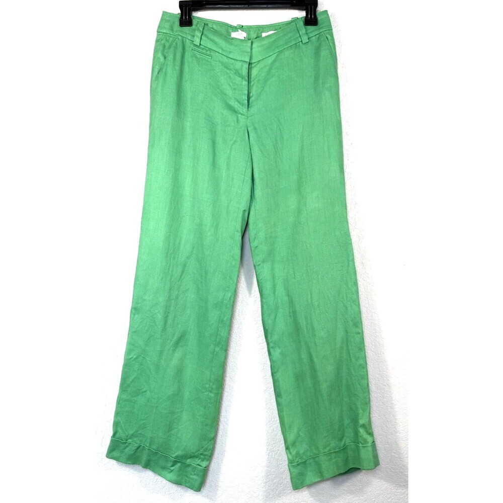 J.Crew Café Trouser Green Wide Leg Linen Pants  Size 4 Petite Herringbone